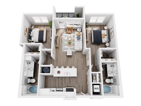 Floor plan for 2 beds, 2 baths, 986 sqft